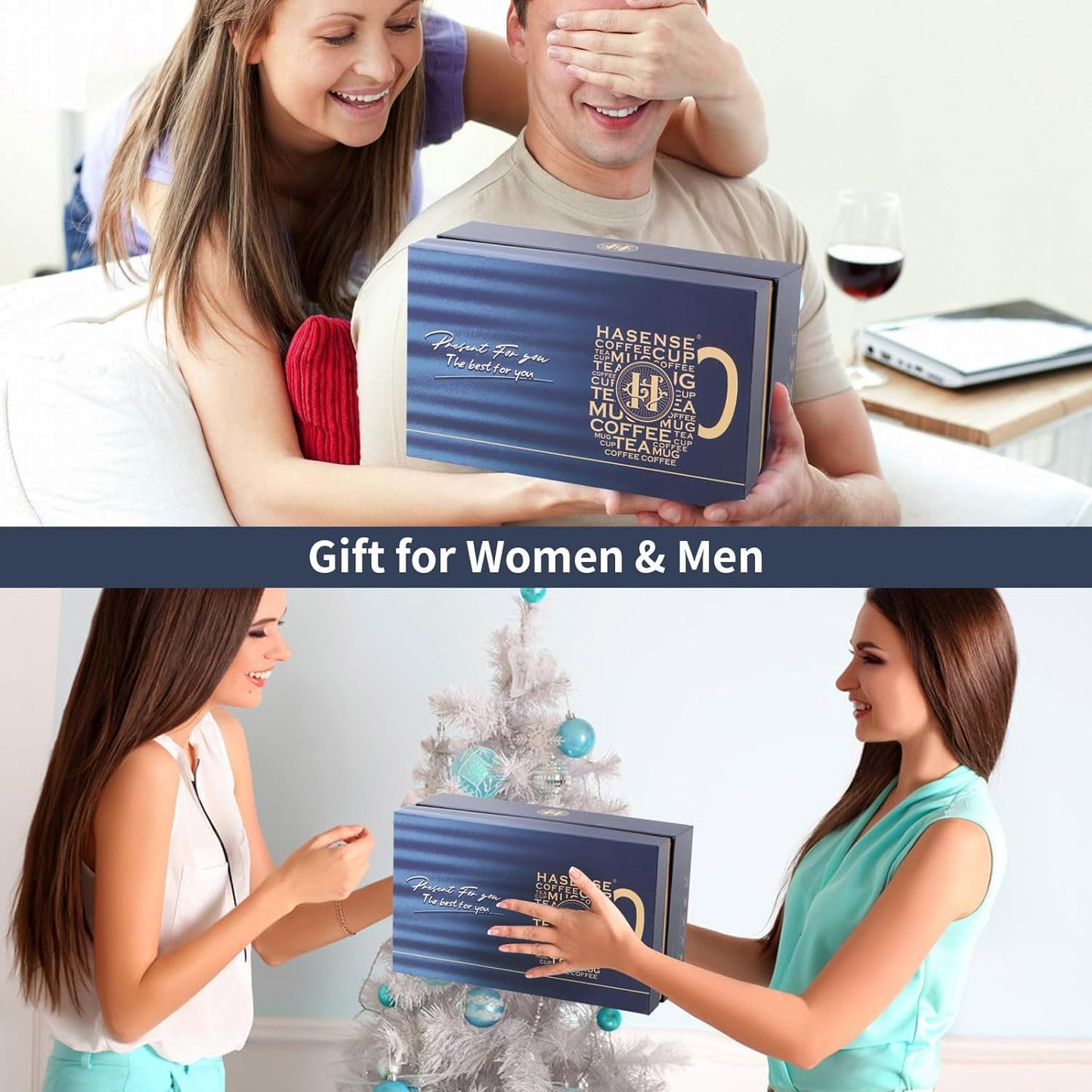 Hasense Coffee Mugs Set of 2, 12oz Ceramic Glazed Mugs with Handles, Blue Reactive Glazes Tea Cups Gift Set for Men and Women, Includes Gold Spoon & Coaster