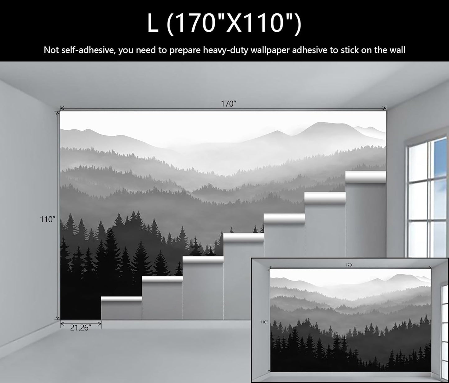 WFBHUA-Black and White Forest Mountain Wallpaper Gray Woodland Nature Landscape Wall Paper Mural for Bedroom Living Room(Not Peel and Stick)