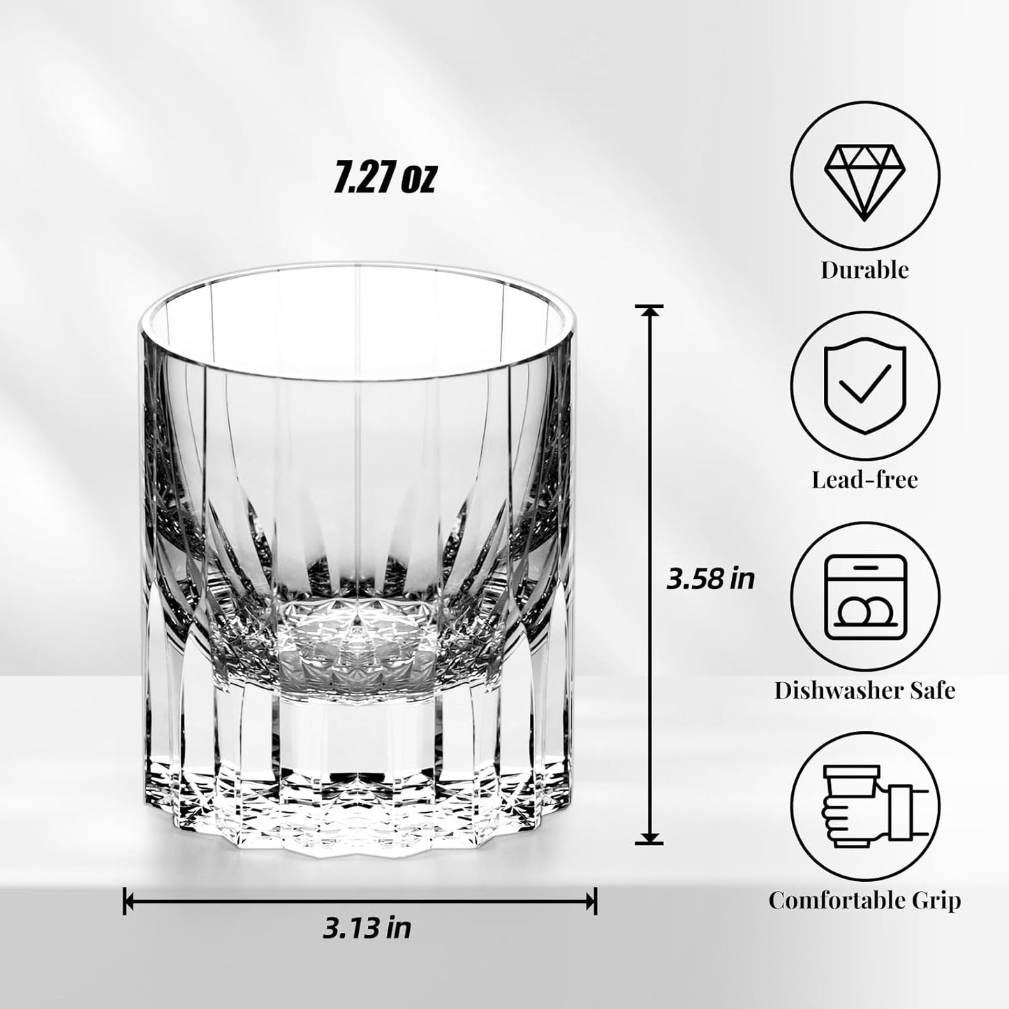 KAMMAK Crystal Whiskey Glasses Set of 2, 7.27oz Old Fashioned Glasses Stemless, Hand Blown White Cocktail Glasses, Engagement Gifts for Couples, Women, Men