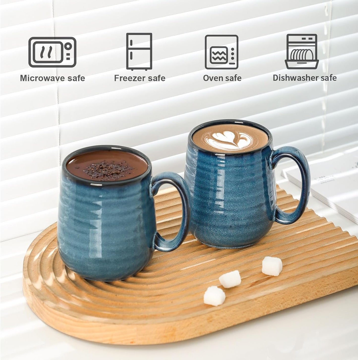 Hasense Coffee Mugs, 15 Ounce Porcelain Mugs Set of 2 with Handle for Morning Coffee Tea and Cocoa, Ceramic Coffee Cups Gift Box with Beautiful Glaze Coasters Spoons for Men and Women, Navy