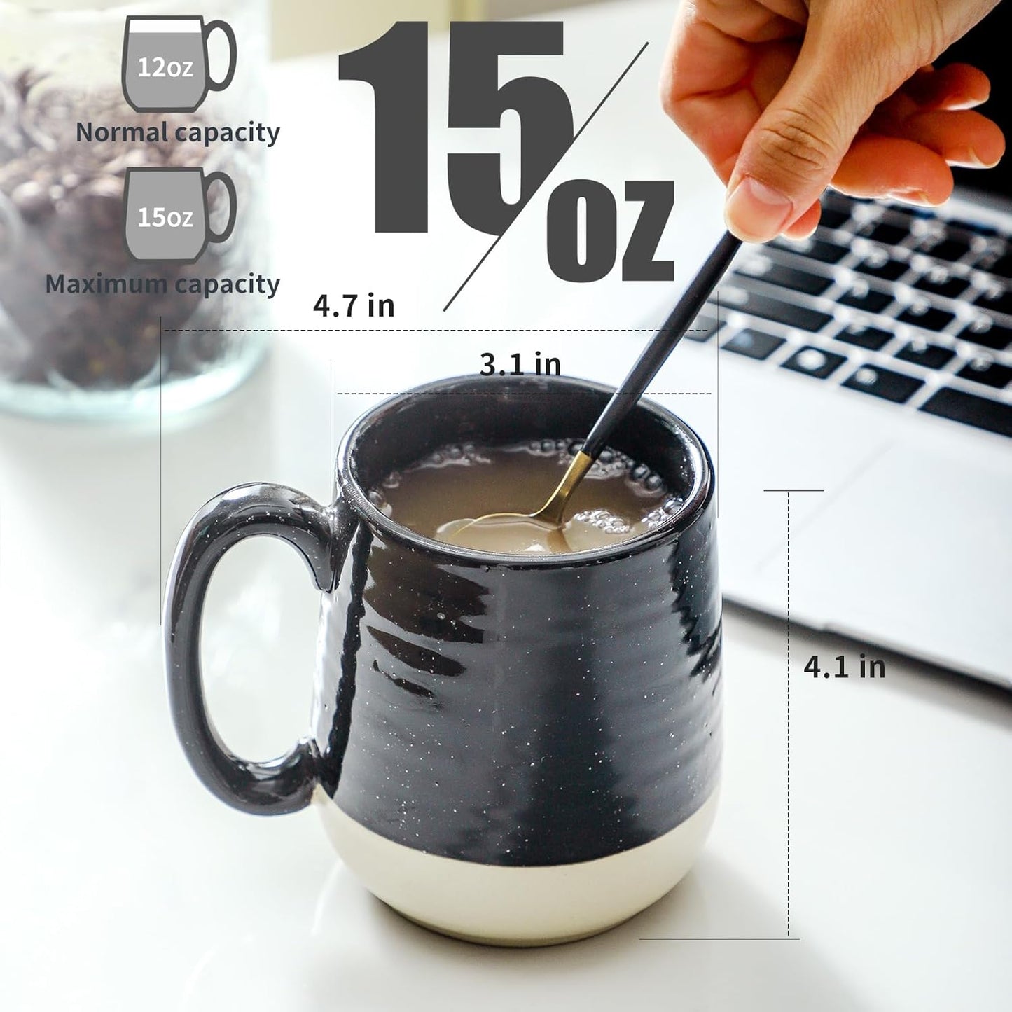 Hasense Coffee Mugs Ceramic, 15 oz Large Coffee Cups with Handle for Home and Office, Latte Mugs Set for Coffee, Tea, Hot Cocoa, Mocha, Black Coffee Cup Gift for Dad Mom, Dishwasher Microwave Safe