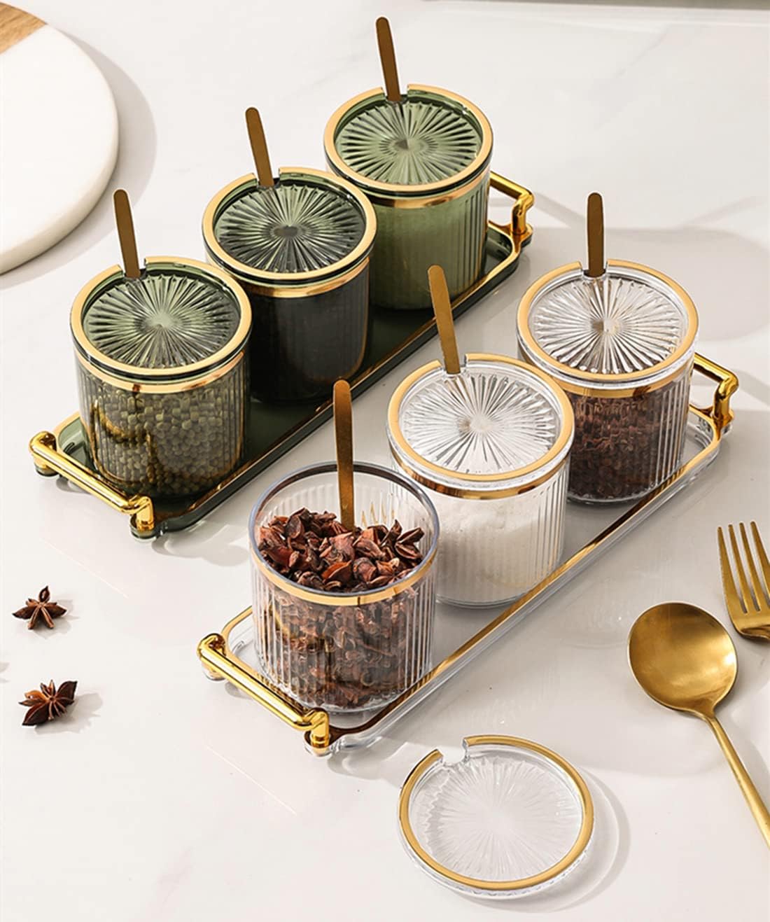 Acrylic Condiment Spice Jars,Condiment Spice Box With Lids and Spoons and Tray,Clear Plastic Condiment Canisters,Seasoning Box 6 Pack,Seasoning Box Set for Kitchen to Storage Salt,Paprika,Sugar