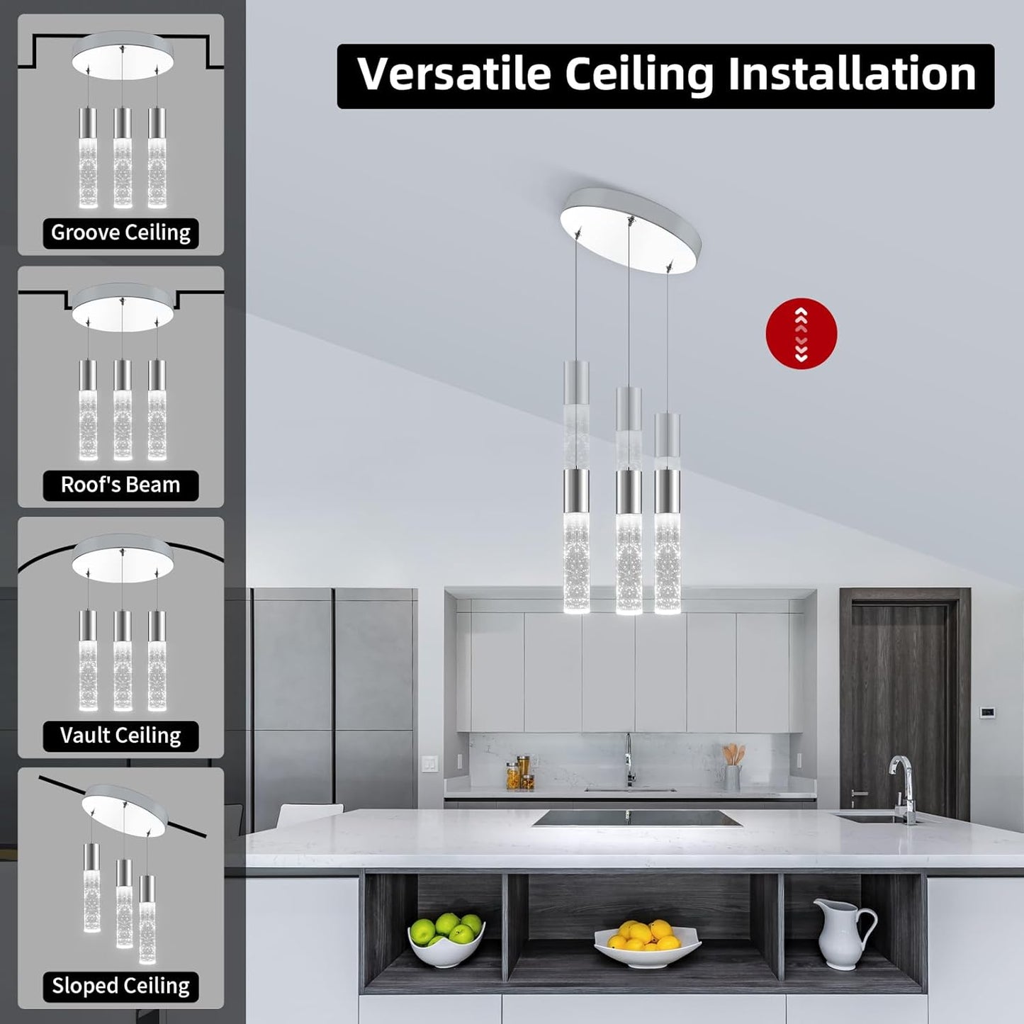 OKELI Dimmable LED 3-Light Pendant Light for Kitchen Island, 18W 1350LM Modern Bubble Crystal Island Light Fixture,6000K, Electro-Chrome, Easy Installation, Round