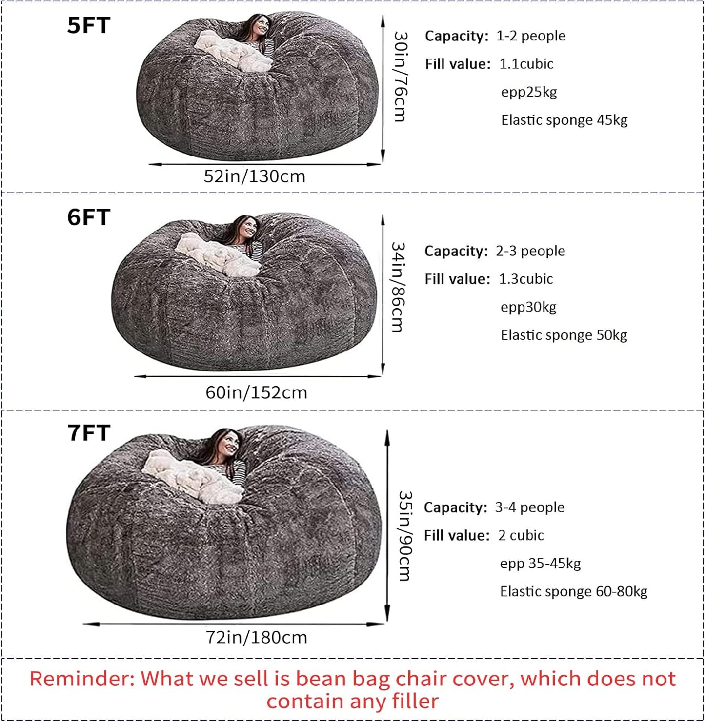 Big Huge Giant Bean Bag Chair for Adults, (No Filler) Bean Bag Chairs in Multiple Sizes and Colors Giant Foam-Filling Required- Machine Washable Covers, Double Stitched Seams (White,6FT)