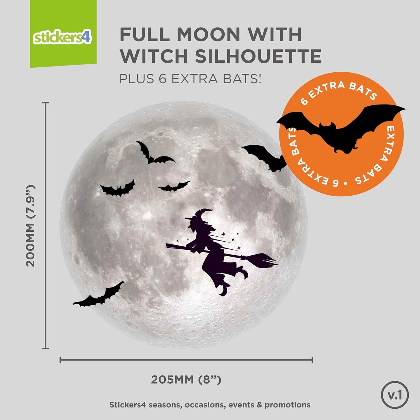Halloween Clings for Glass Windows - 8" x 8" Moon Decal - Witch Silhouette - Halloween Decorations