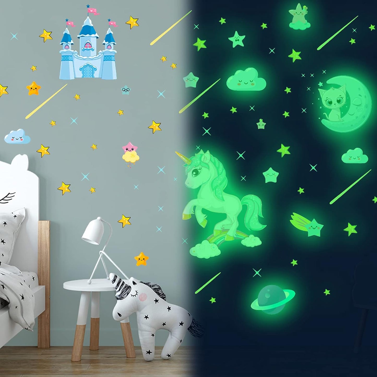 Glow in The Dark Unicorn Stickers, 206 pcs Cats and Moon Wall Decals, Glowing Castle Clouds Ceiling Decor for Kids Bedroom, Stars and Rainbow Wall Decor for Girls and Boys Gift