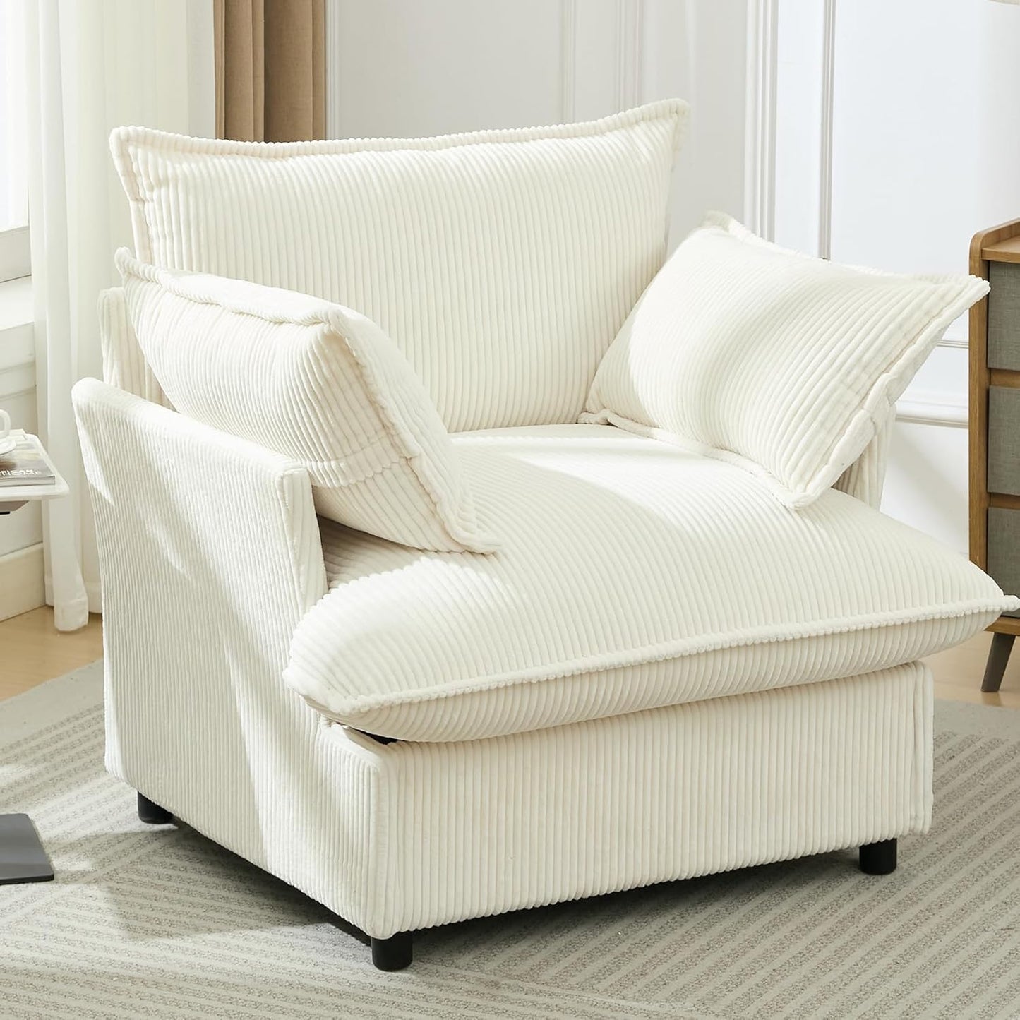 35.4" Wide Oversized Corduroy Single Sofa Chair with 2 Pillows, Modern Upholstered Accent Chair Armchair for Livingroom Bedroom Apartment, Beige