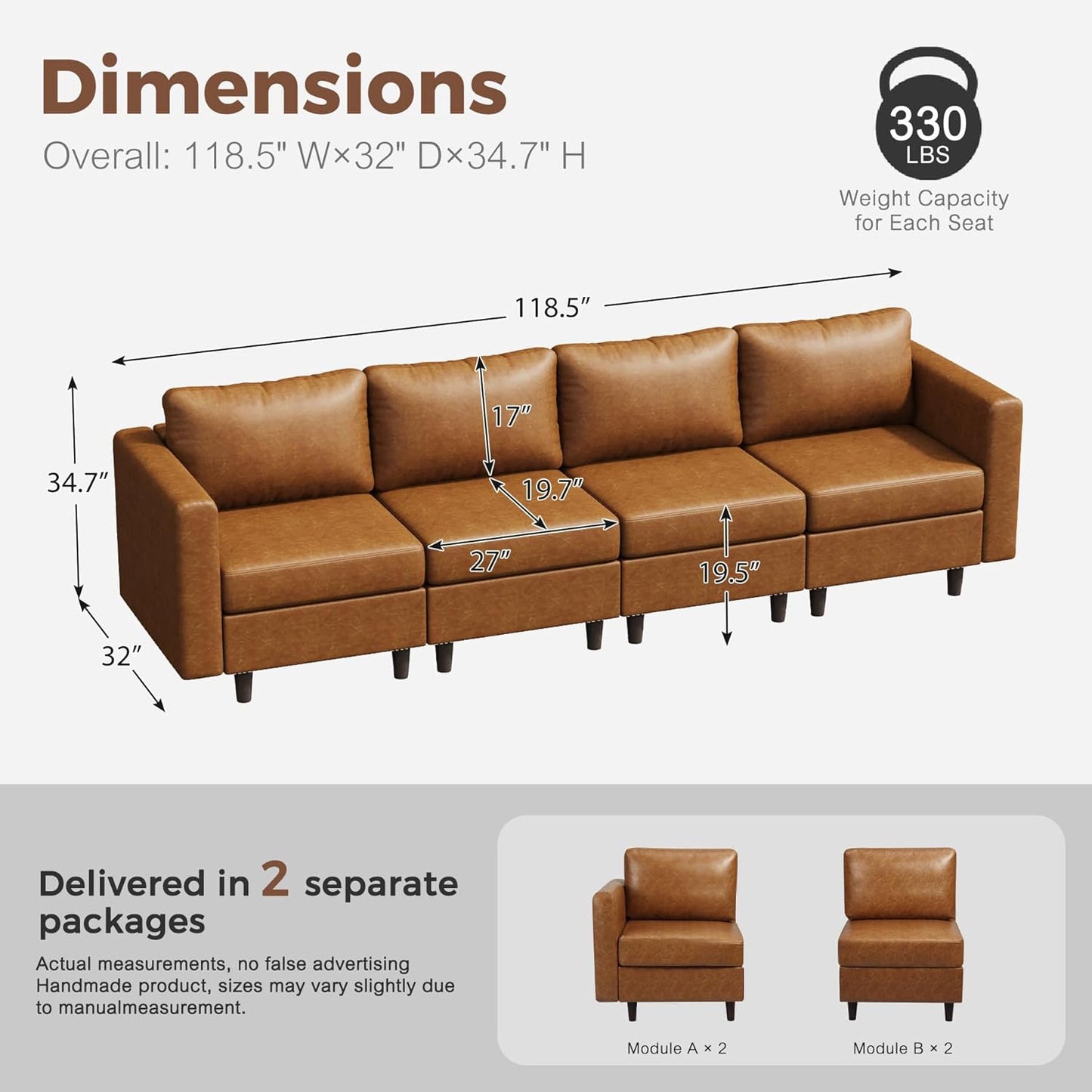 118.5" Faux Leather Modular Sectional Sofa with Storage Seat, Oversized 4 Seater Couch Deep Seat with Removable Cover Brown