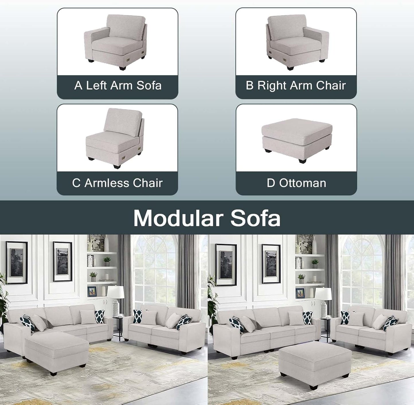 L Lengend Vansen Modular Sectional Sofa U Shaped Couch with Ottoman Modern Reversible Corner Sectional Couch for Living Room (Light Grey, 2+3 with Ottoman)