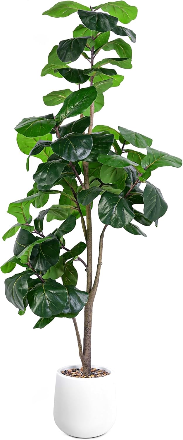 Artificial Fiddle Leaf Tree, 6ft Faux Plant Fake Ficus Lyrata Trees with White Planter, Artificial Fig Trees Floor Plants for House Office Living Room Indoor Home Decor, Housewarming Gift