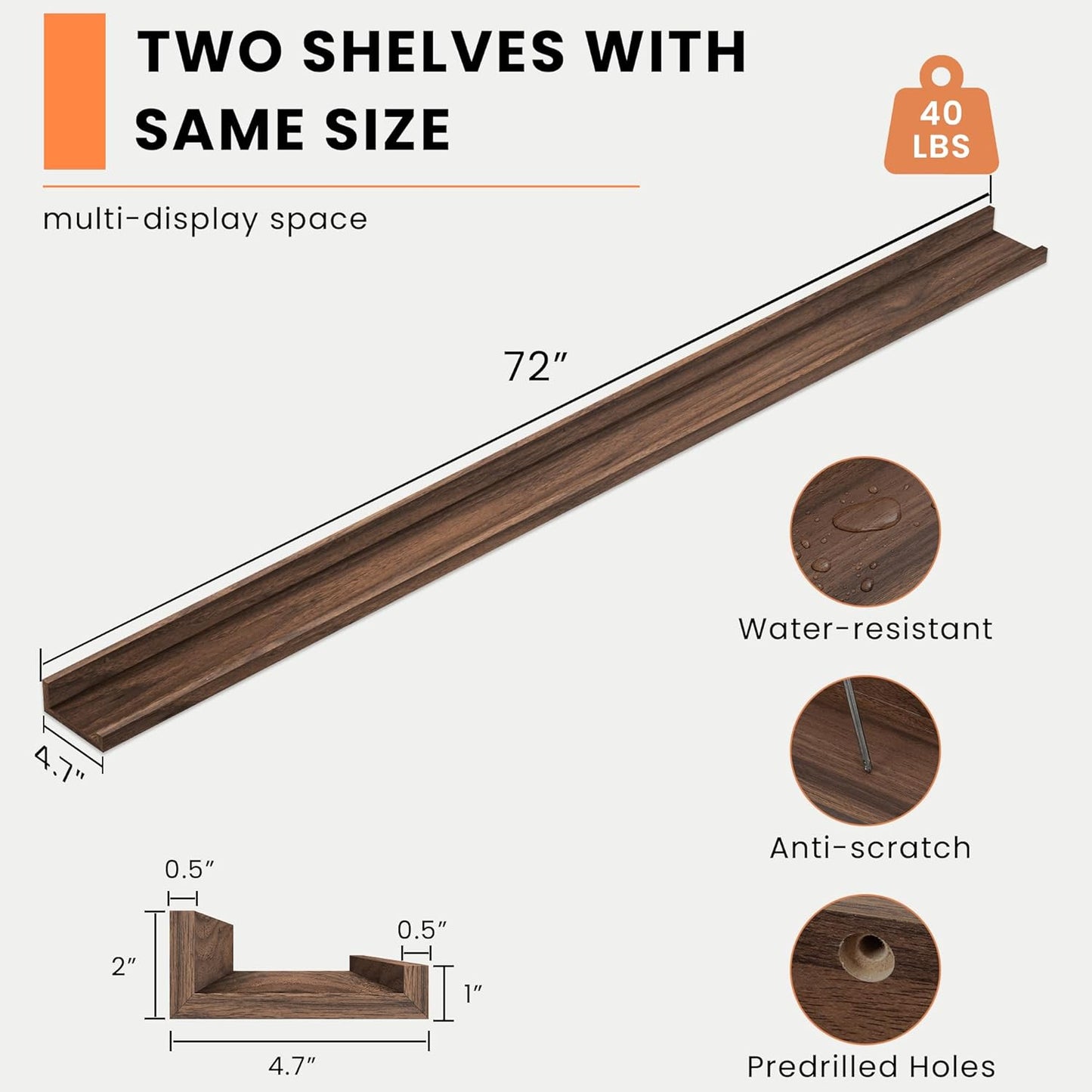 Heimlove Picture Ledge Shelf, Floating Shelves Set of 2, 72 Inches Long Large Picture Shelf for Wall with Ledge, Kids Bookshelf Wall Mounted for Living Room Bedroom Decor Books Photo Frames, Walnut