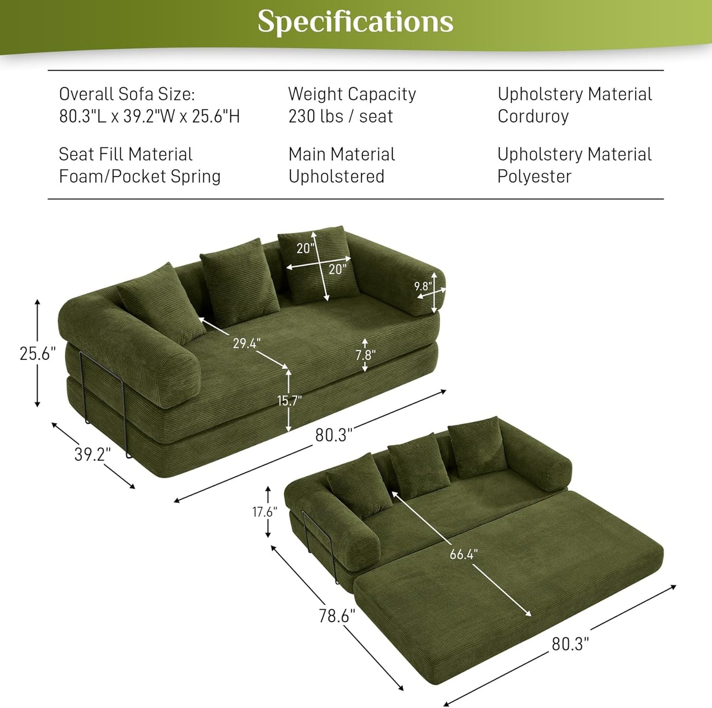 80.3" Convertible Sleeper Sofa Bed with Cylindrical Pillow, Corduroy Folding Mattress Couch with Fixed-Shape Frame, Modular Floor Sofa Lounge Couch for Living Room Bedroom Lounge, Green