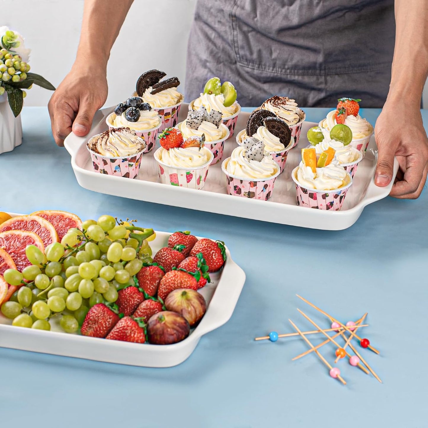 Dizada Large Serving Platter with Handles, 16" x 9" Porcelain Serving Tray, White Rectangular Platters for Entertaining & Serving Food, Serving Trays for Party, Appetizer, Charcuterie - Set of 3