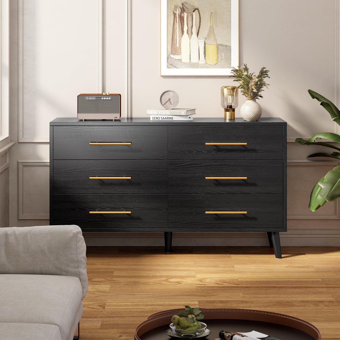 Aiho 6 Drawer Dresser for Bedroom, Chest of Drawers with Metal Handles, Wood Storage Modern Dresser for Nursery, Living Room, Entryway, Black