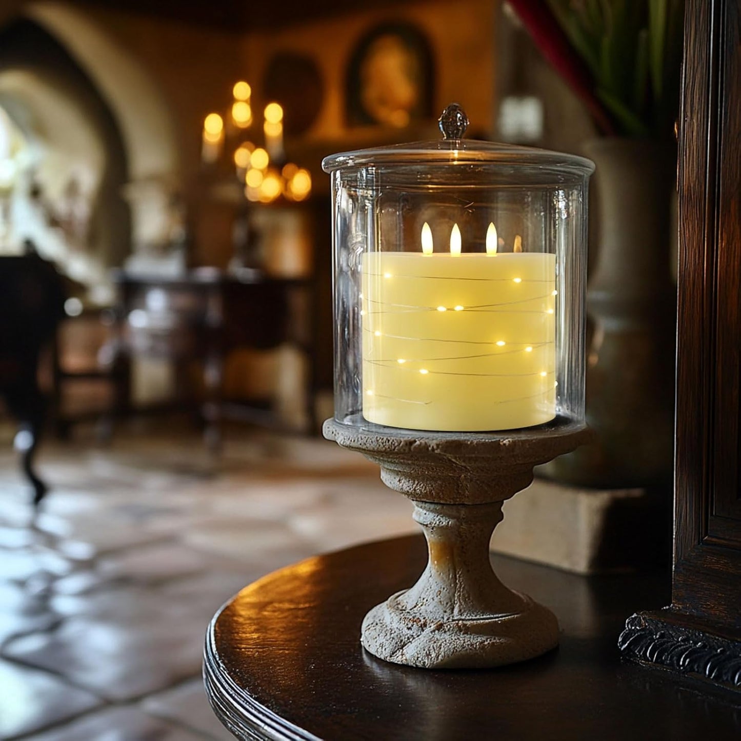 Amagic 6"x6" Extra Large Flameless Candles with 3 Wicks, Battery Operated Candles with Remote Control and Timer, LED Pillar Candles with Bling String Light, Real Wax, Realistic 3D Wick, Ivory