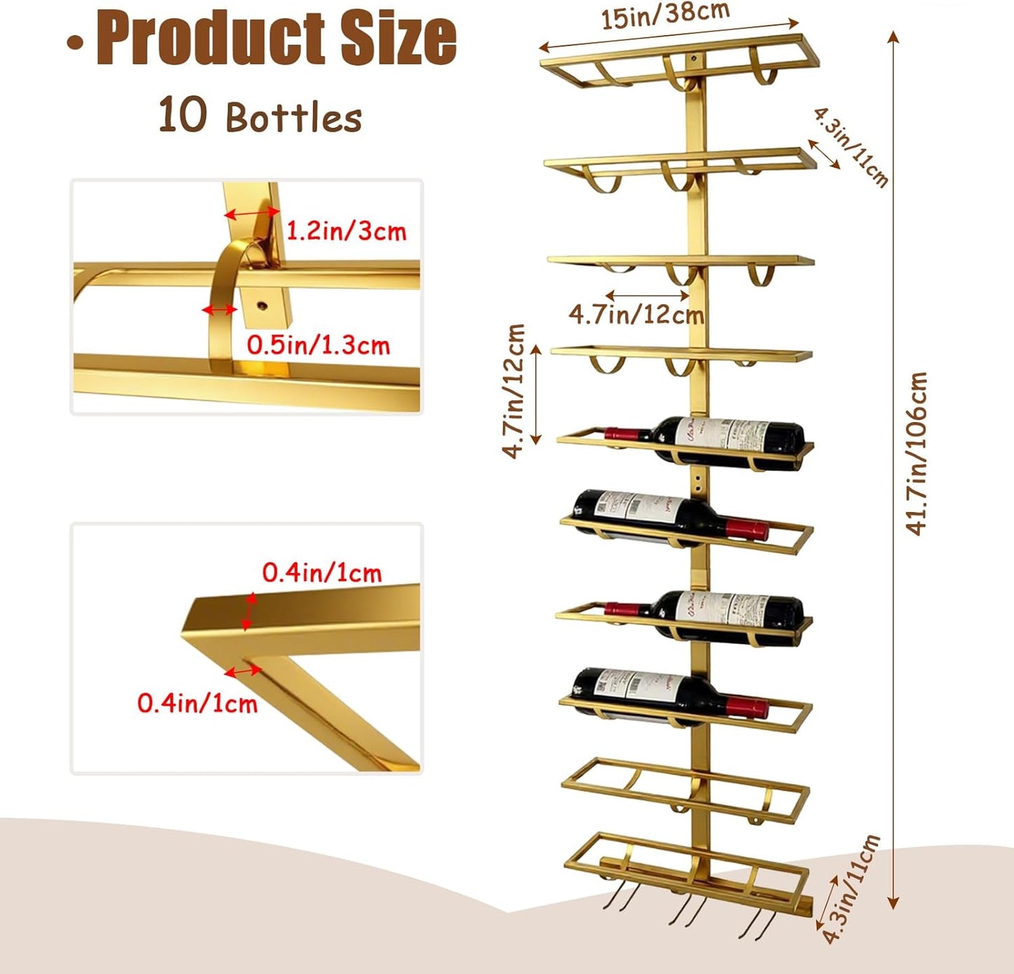 10 Bottle Wall Mount Wine Rack with Wine Glass Holder, Metal Wine Wall Rack, Wall Racks for Wine Bottles Display and Storage, Hanging Bottle Organizer for Living Dining Room Wine Cellar Bar (Gold)