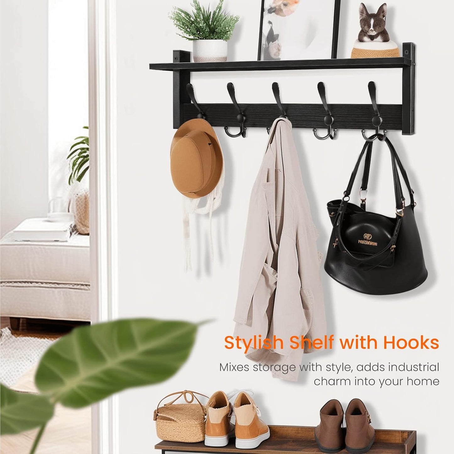 Homode Coat Rack with Shelf, 24" Coat Hooks Wall Mounted with Shelf, Wooden Hanging Coat Hanger with Tri Hooks for Entryway, Bathroom, Mudroom, Bedroom, Black