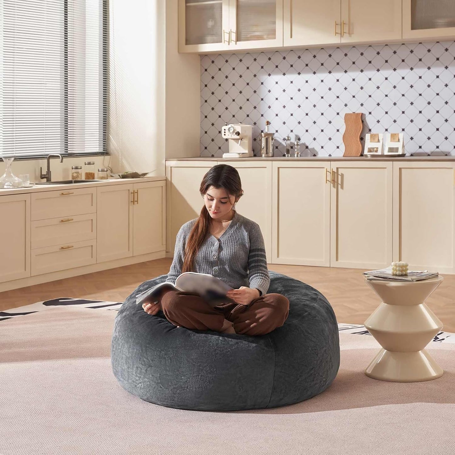 Bean Bag Chair 3Ft, Memory Foam Filled, Large Beanbag Chairs for Adults and Teens, Soft Sofa with Removable Flannel Cover, Round Couch for Living Room Bedroom College Dorm (Dark Gray, 3FT-36×36"×24")