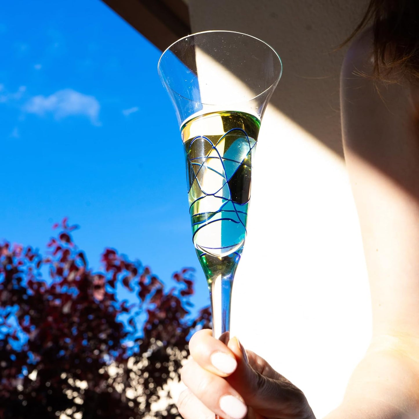 Victoria Barcelona Champagne Flute Set of 2 – 7.5 oz Mouth-Blown Turquoise Sea Glass | Hand-Painted, Gaudí & Murano Inspired | Artistic Unique Gift Ideas for Her or Him