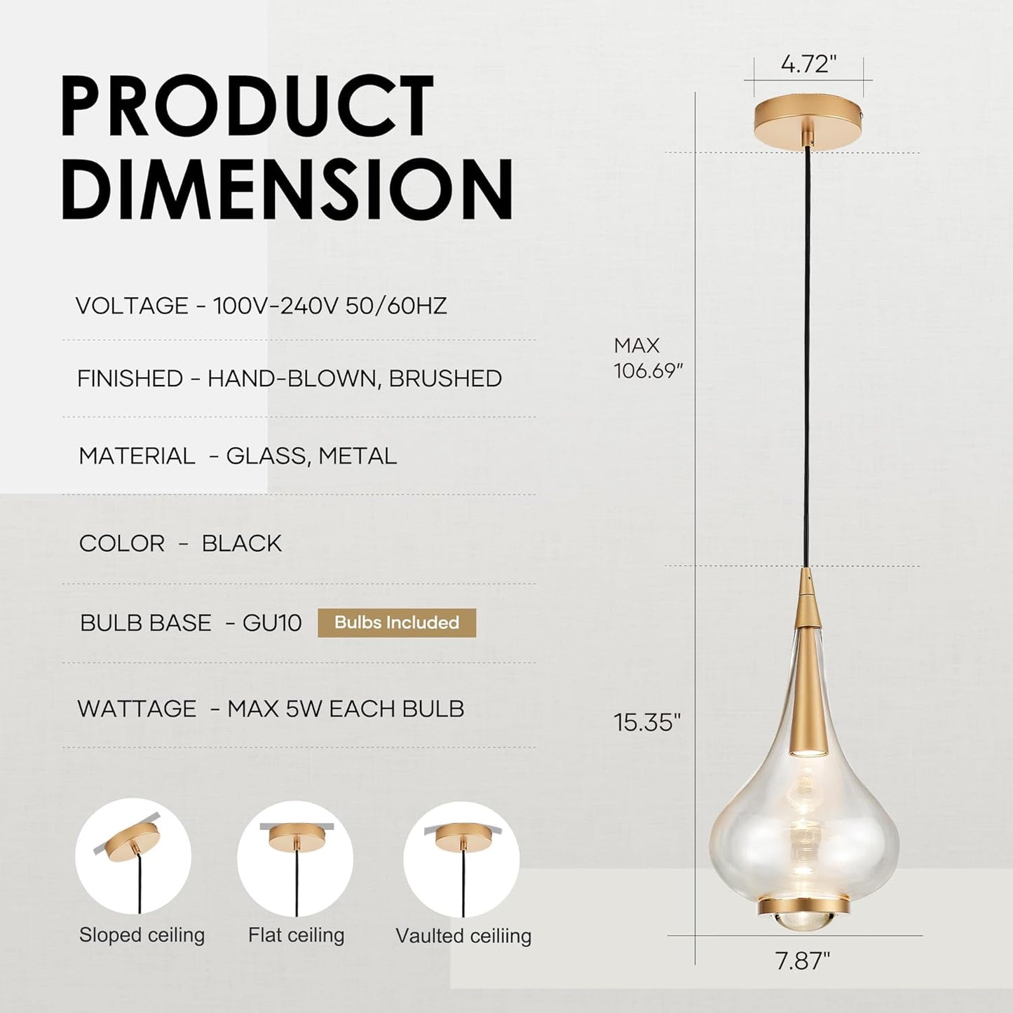 1-Light Teardrop Pendant Light, Brass Gold Ceiling Hanging Light Fxitures, LED Light Fixtures Ceiling Glass Pendant Lighting for Kitchen Island Dining Room Bar