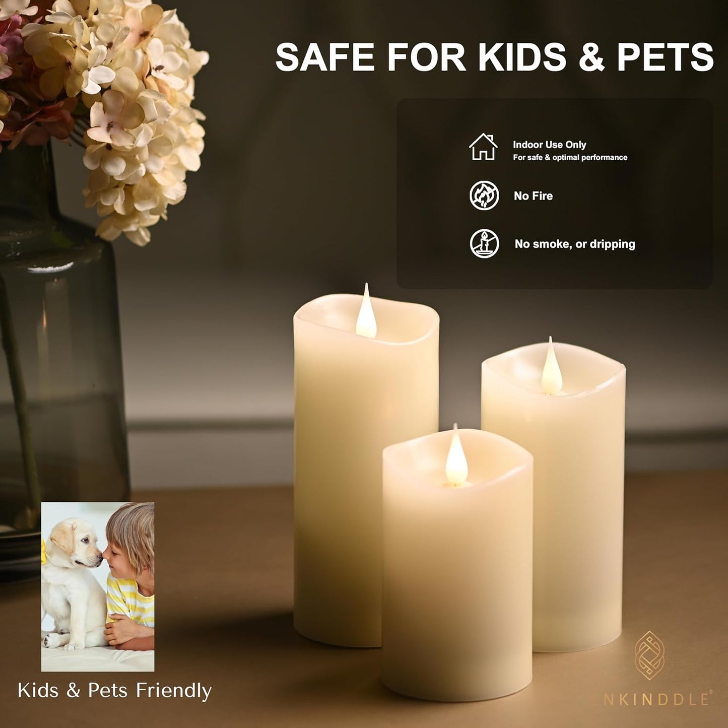 Flickering Flameless Candle, Real Wax LED Pillar Candle with 3D Moving Flame, Battery Operated, Built-in Timer, Ivory, Unscented, Safe for Home Décor, and Holidays 3" x 7.12"