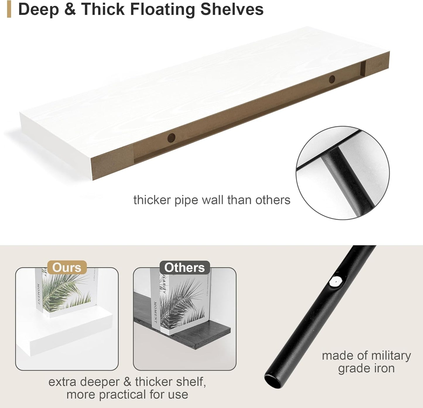 12" Deep White Floating Shelves,Over Toilet Long Wall Mounted Modern Farmhouse 36 inches,Wall Shelves with Invisible Brackets for Bedroom, Bathroom, Living Room, Kitchen, Set of 1