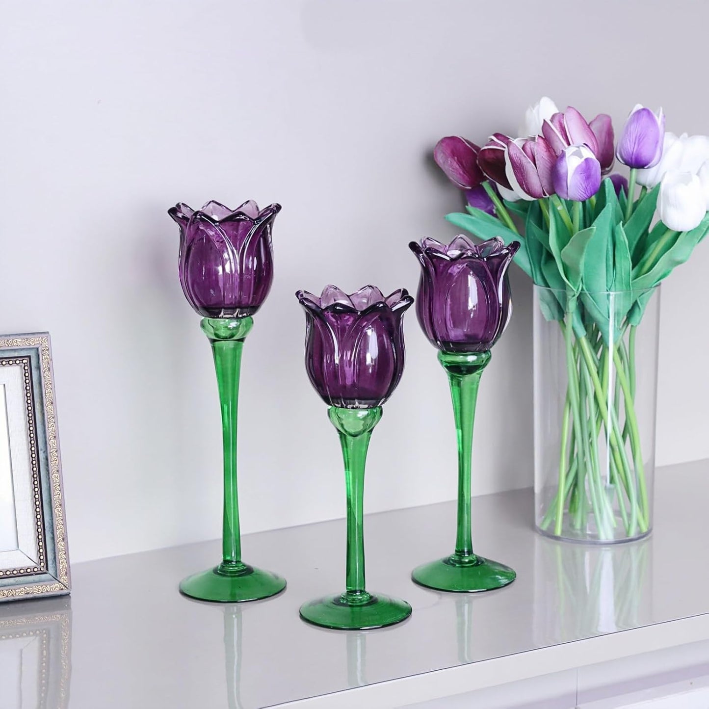 VOHO Purple Tulip Tealight Candle Holder Set of 3, Glass, Purple, Floral, Holidays, Wedding, Romance, Easter, Halloween, Thanksgiving, Christmas, Anniversary & Engagement, Tabletop, 3.15'' x 10.83''