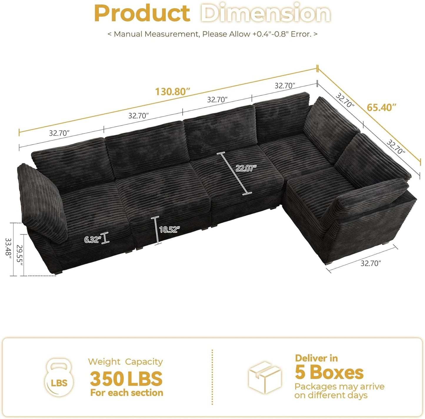 HOOOWOOO Modular Sectional Sofa,5 Pieces Sectional Couches for Living Room,131X66 L Shaped Cloud Couch Set(Black Velvet Corduroy)