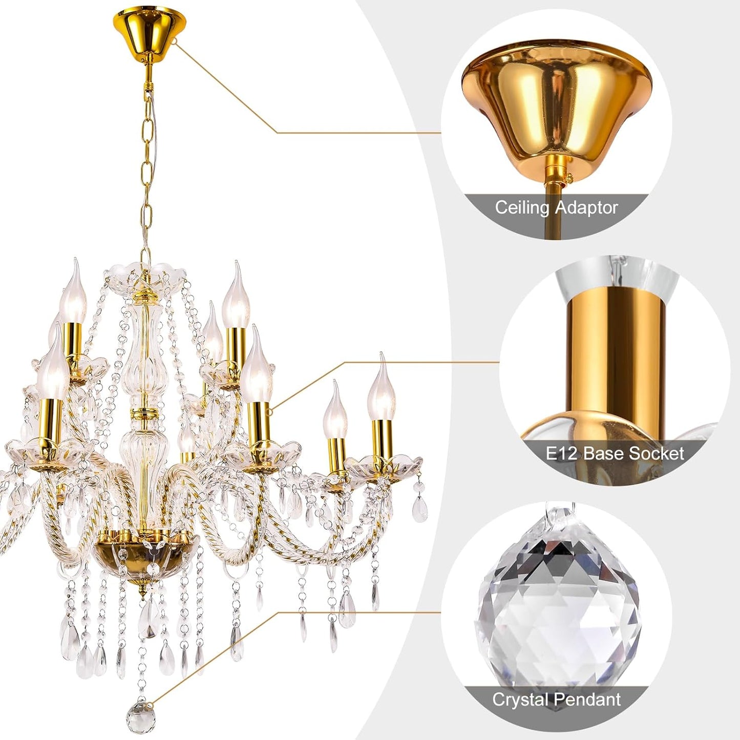 Modern Elegant 12 Lights K9 Crystal Glass Chandelier Golden Pendant Ceiling Lighting European Style for Dining Living Room Bedroom Transparent,12 E12 Bulbs Required