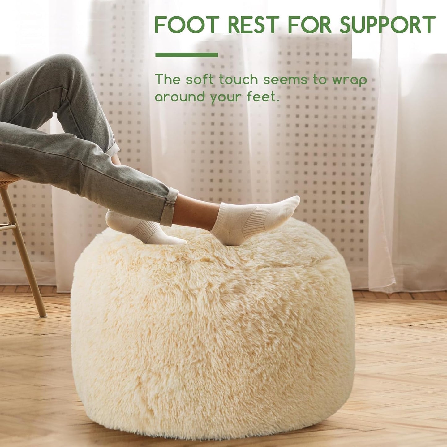 HIGOGOGO Round Stuffed Pouf Ottoman, Long Faux Fur Poufs with Foam Chunk Filling, Fluffy and Furry Pouf Foot Stool Storage Ottoman, 26 X 18 Floor Poufs Foot Rest for Living Room, White