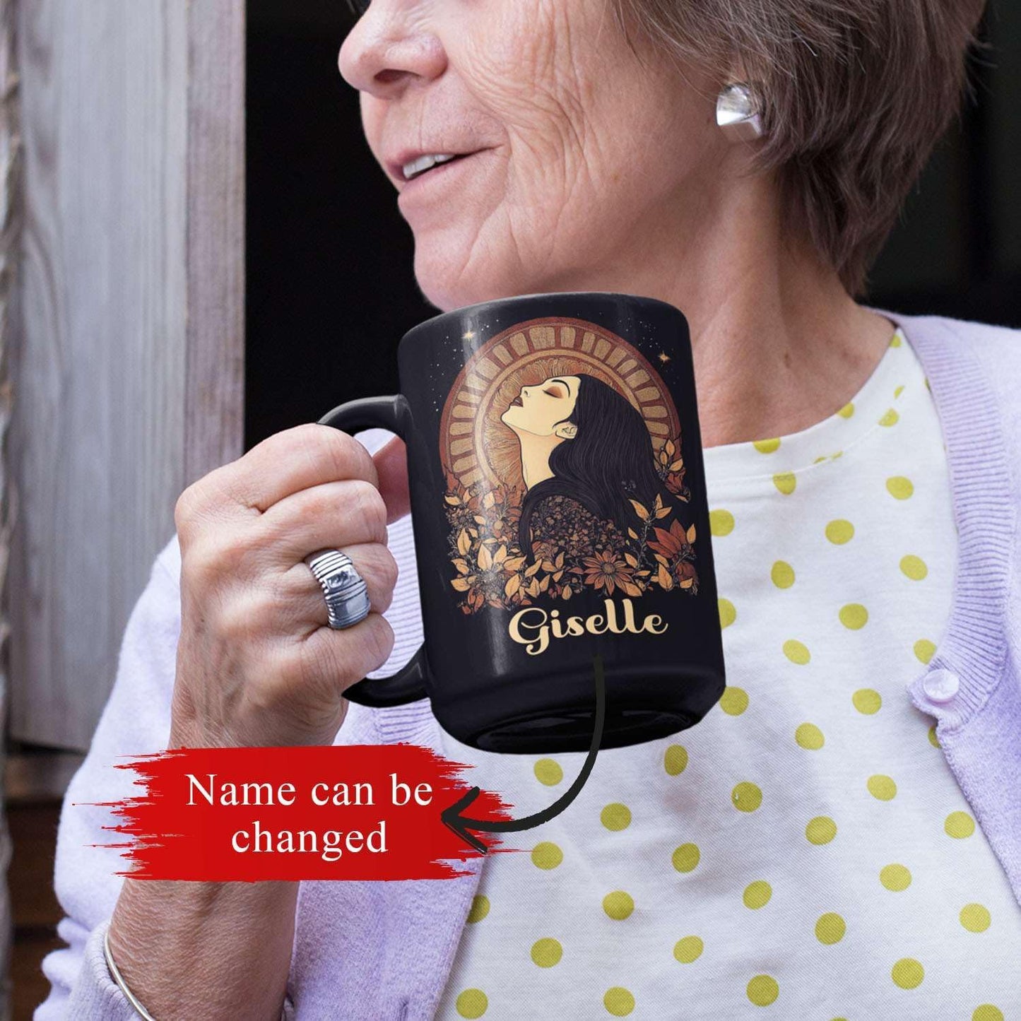 Elegant Woman Coffee Mug with Custom Name, Autumn Themed Ceramic Cup 11oz 15oz, Unique Fall Inspired Black Mug for Women, Personalized Women's Day Coffee Cup, Gifts for Holiday