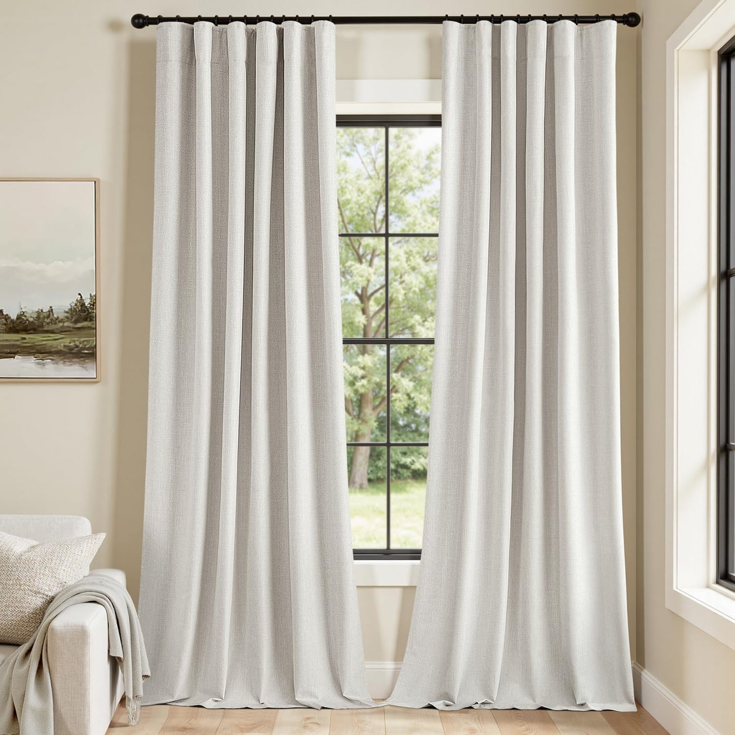 MIULEE 100% Blackout Curtains 108 Inch Long 2 Panels Set for Bedroom, Thick Faux Linen Black Out Curtain Room Darkening Back Tab Pleat Window Textured Drapes with Hooks for Living Room, Light Beige
