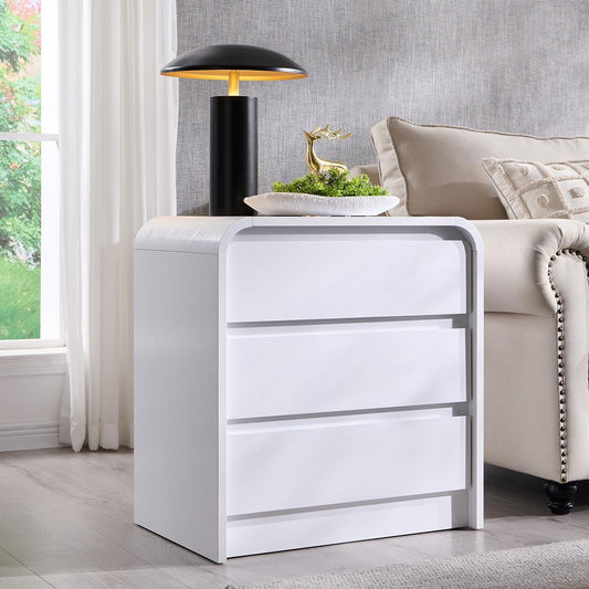 25" Tall Modern Nightstand with Charging Station, 23.6'' Wide Wood Bedside Table w/3 Storage Drawers, Small Dresser w/Curved Profile Design, End Table for Bedroom, White