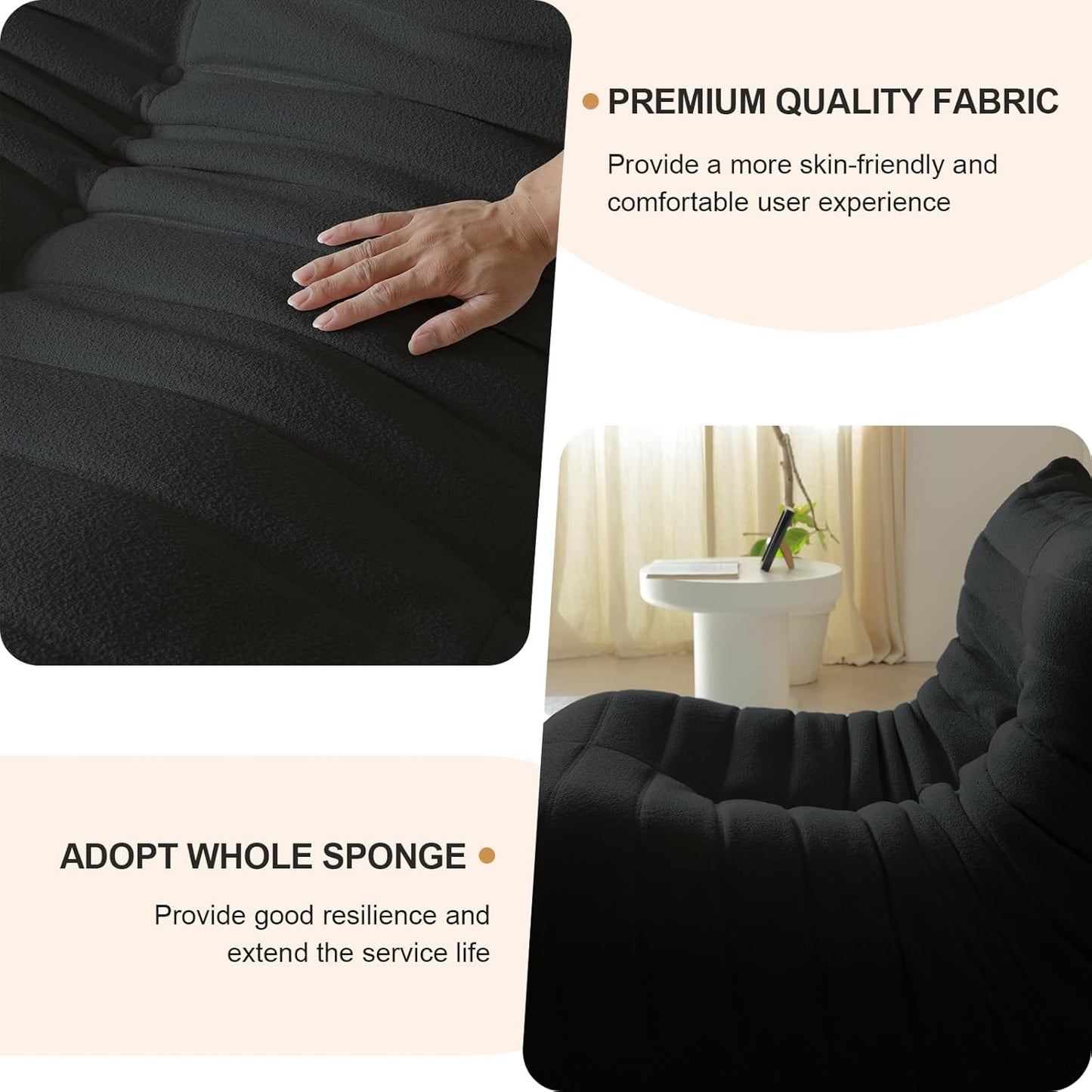 Luxury Sofa Couch Chair, Lazy Floor Seating, Fireside Bean Bag Chair, Ergonomic Tatami Sofa Lounger for Living Room, Bedroom, Office, 3 Seat, Black