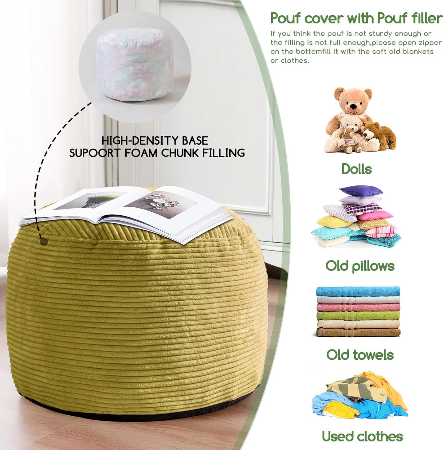 HIGOGOGO Round Stuffed Pouf Ottoman, Corduroy Poufs with Foam Chunk Filling, Furry and Fluffy Pouf Foot Stool Storage Ottoman, 26 X 18 Floor Poufs Foot Rest for Living Room, Green