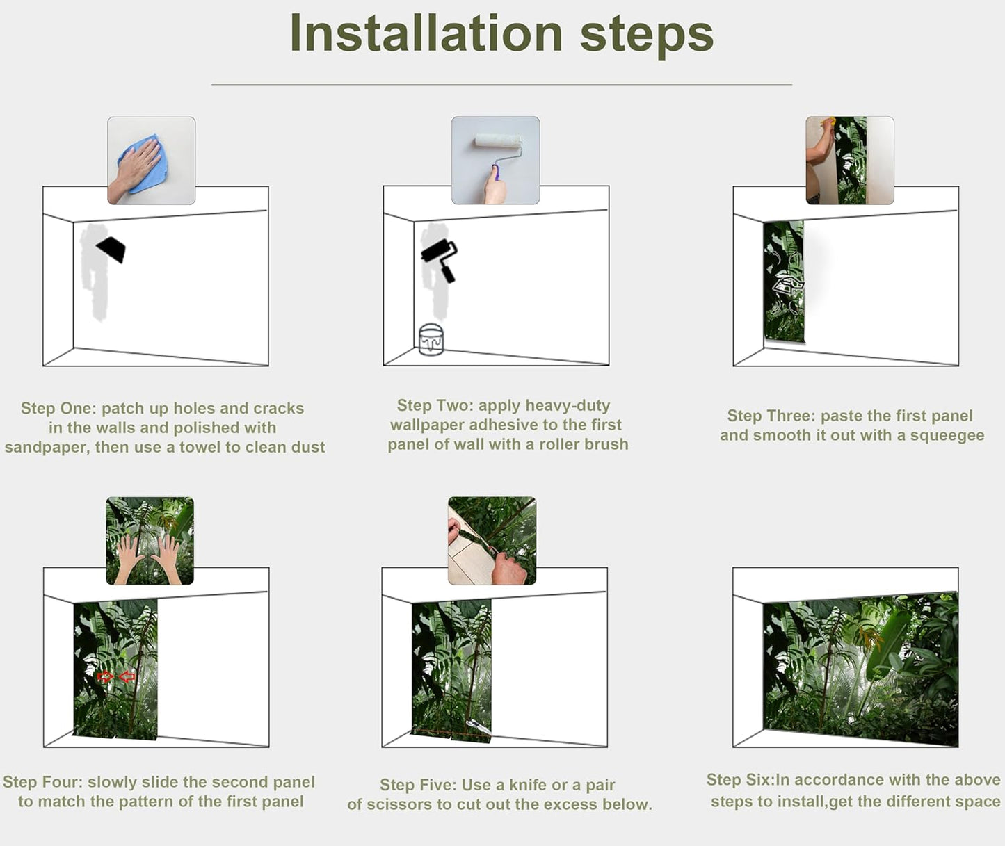 Tropical Jungle Green Leaf Mural Wallpaper for Bedroom Living Room (Not Peel n' Stick)