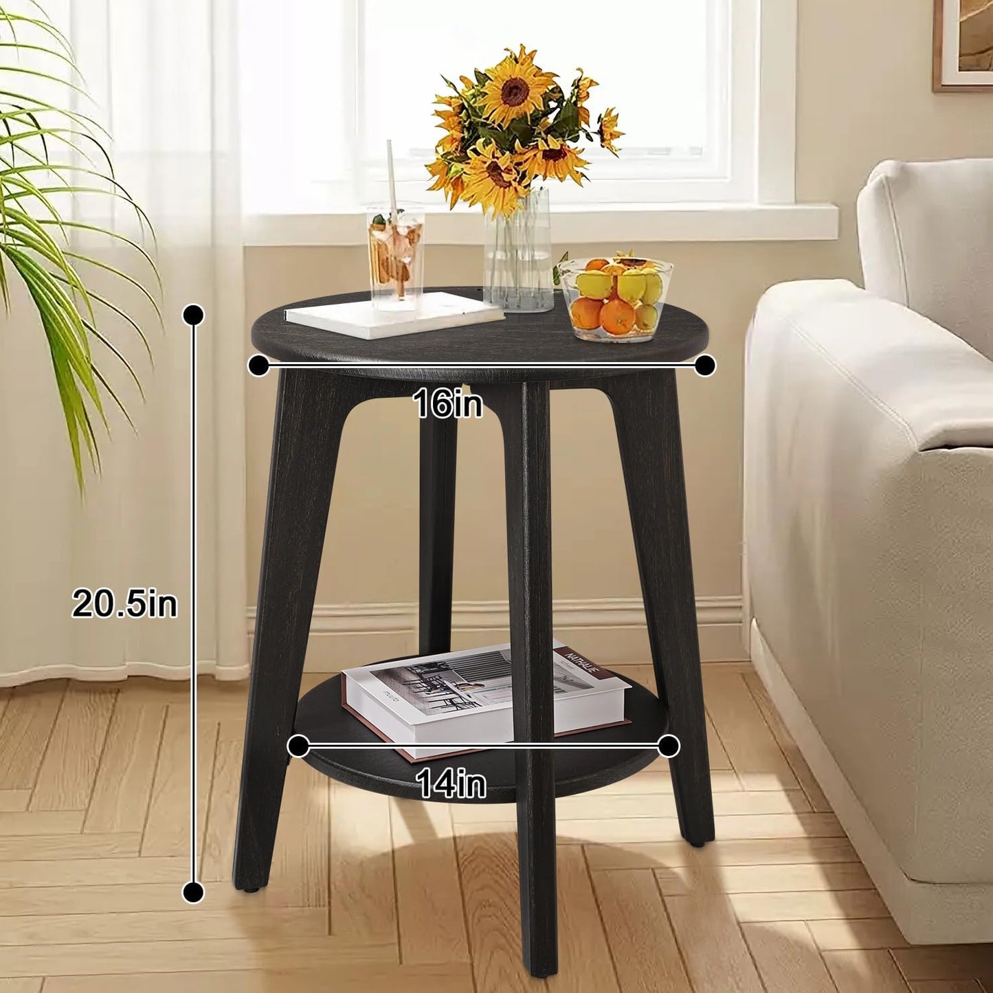 Round Side Table Black Gold Wooden End Table with Lower Shelf Rustic Vintage Nightstand Beside Table for Living Room Bedroom Small Spaces