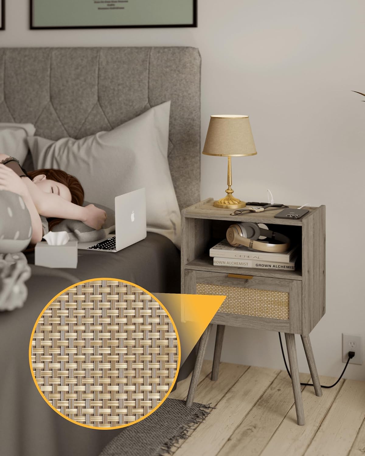 Rattan Nightstand with Outlet,Modern Bedside Table with Storage Drawer and Open Wood Shelf, for Living Room, Bedroom and Small Spaces, Accent Night Stand with Solid Wood Legs,Grey Oak