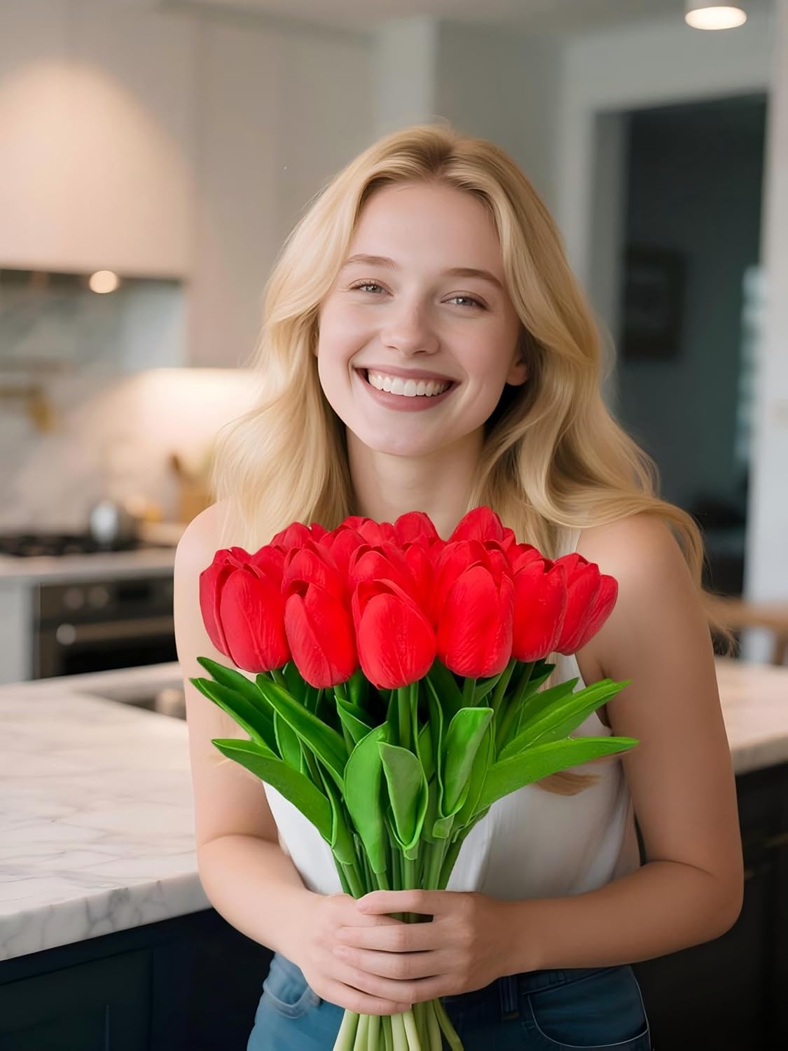 Artificial Tulips Flowers 15Pcs Faux PU Tulip Real Touch Tulip Fake Flowers Bouquets Arrangements for Mother's Day Easter Spring Flowers Gifts Home Table Décor