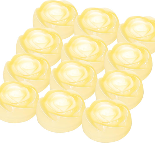 Aignis 12pcs Flameless LED Floating Candles, Ivory Rose Plastic Tealights Battery Operated, 120+ Hours Glow Time, Cozy Light for Romantic Pool/Bathtub/Hot Bath/Wedding Centerpiece Decor(D2.83*H1.42)