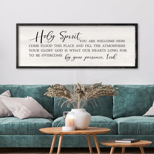 Holy Spirit You are Welcome Here Wall Decor Art 32x12 Inch Large Christian Song Bible Verse Plaque Wood Framed Sign Living Room Scripture Quote Religious For Office Wall Hanging (Black)