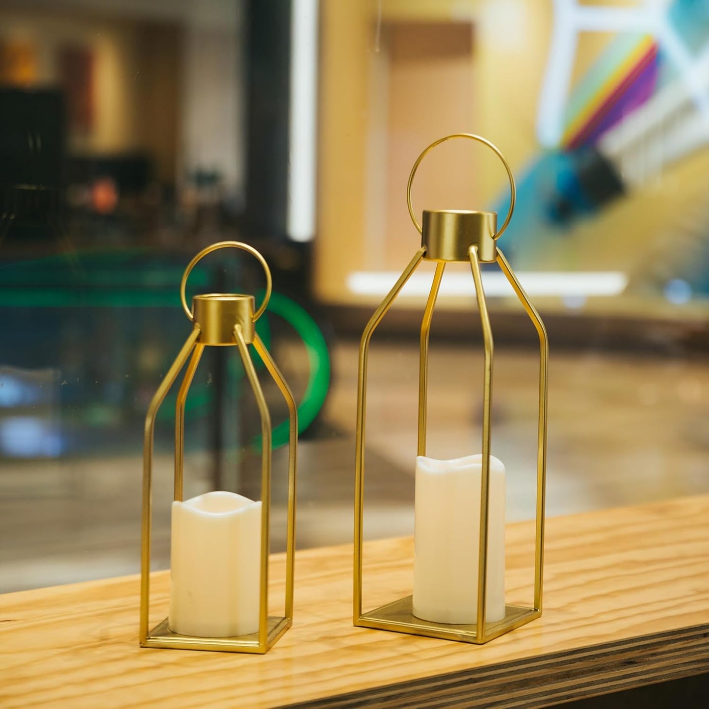 HPC Decor Modern Farmhouse Lantern Decor- Gold Metal Candle Lanterns for Christmas- Lanterns Decorative w/Timer Flickering Candles for Living Room, Home, Indoor, Outdoor, Table,Fireplace Mantle Decor