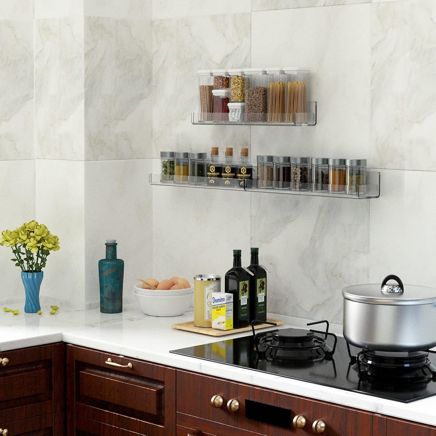 15 Inch Acrylic Spice Rack Wall Organizer Set of 3, Clear Acrylic Wall Shelf for Home Organizer, Floating Shelf for Bottle Display, Jars, Spice, Wine, Books, Toiletries