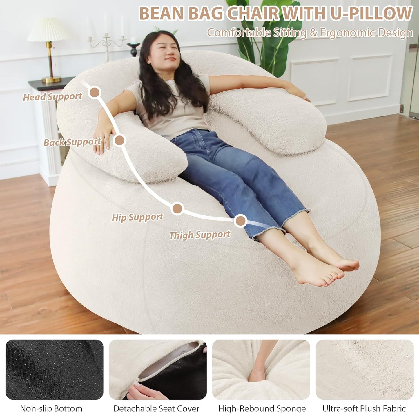 HABUTWAY Bean Bag Chair with U-Shaped Pillow for Adult and Kids Big BeanBag Chair with Filling Ultra Soft Faux Fur Couch Chair with Washable Cover for Living Room Bedroom Office, Beige & Beige