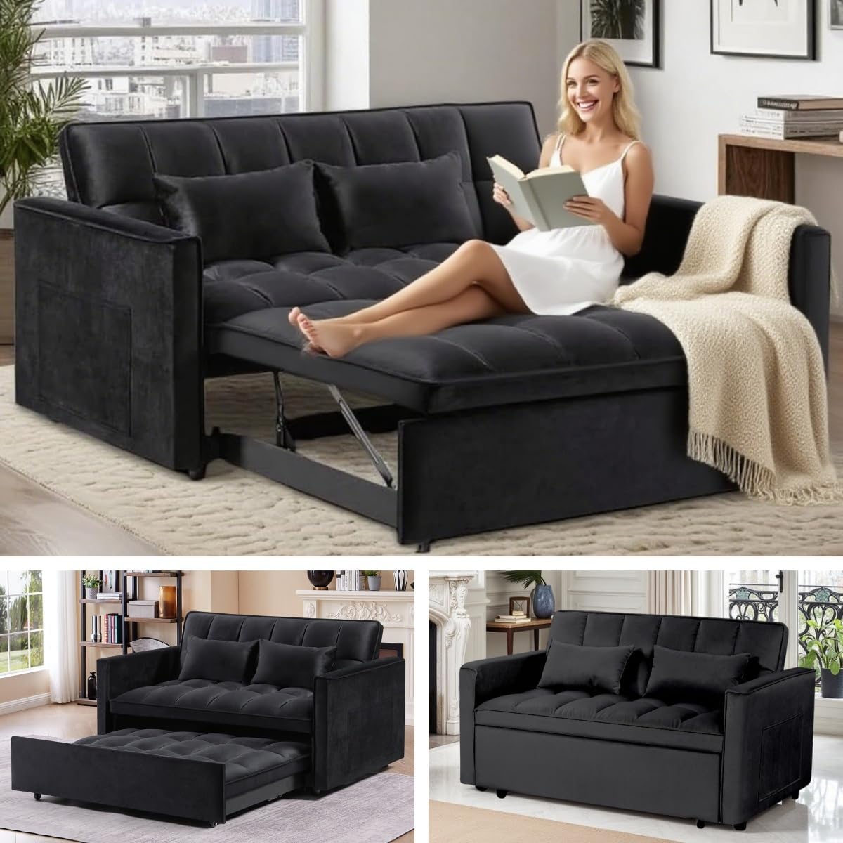 3 in 1 Sleeper Sofa Bed, Futon Sofa Bed for Living Room with Side Pocket, Black Sleepers Sofas Couch with Pullout Beds, Convertible Love Seat Sleepers Couch for Living Room, Bedroom,