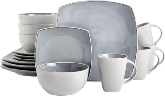 Gibson Elite Soho Lounge Square Reactive Glaze Stoneware Dinnerware Set, Service for 4 (16pc), Light Gray