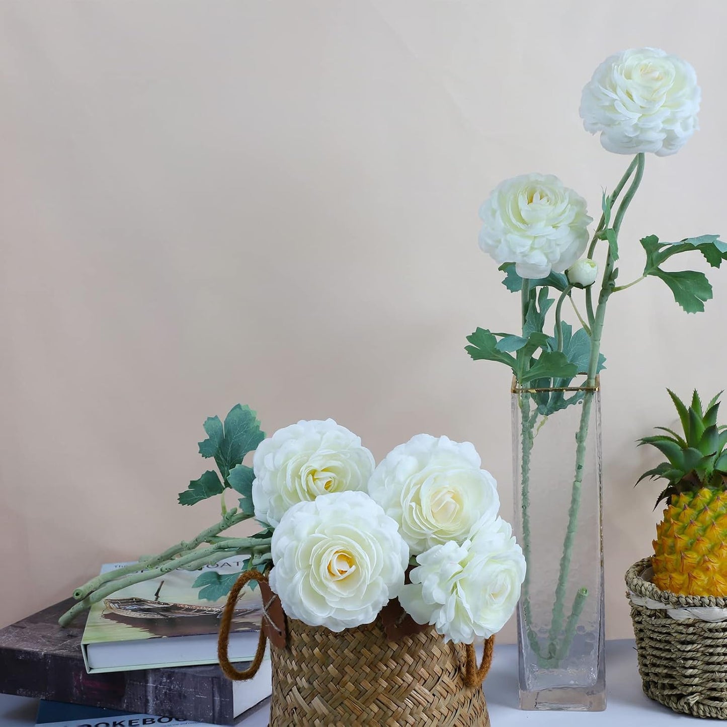 Artificial Ranunculus Long Stem Buttercup Silk Flowers 6pcs for Home Decor and Wedding Decorations(White 1)