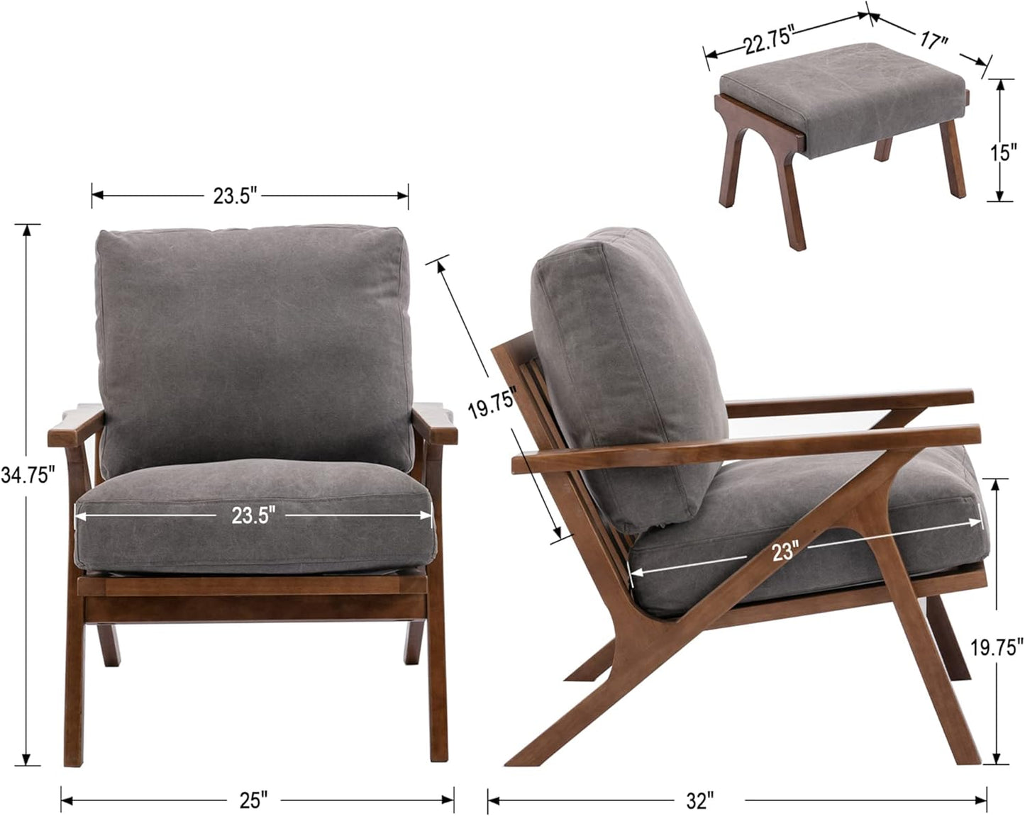 chairus Mid-Century Modern Accent Chair with Ottoman, Linen Fabric Armchair with Wood Legs Comfy Upholstered Single Sofa Chair for Living Room/Bedroom/Lounge, Grey