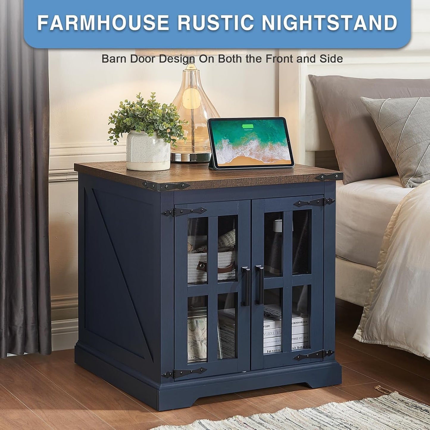 Farmhouse End Table with Charging Station,24" Large Sofa Side Table with Glass Barn Door, Rustic Wood Nightstand Bedside Table with Adjustable Storage Shelf for Living Room, Bedroom, Blue