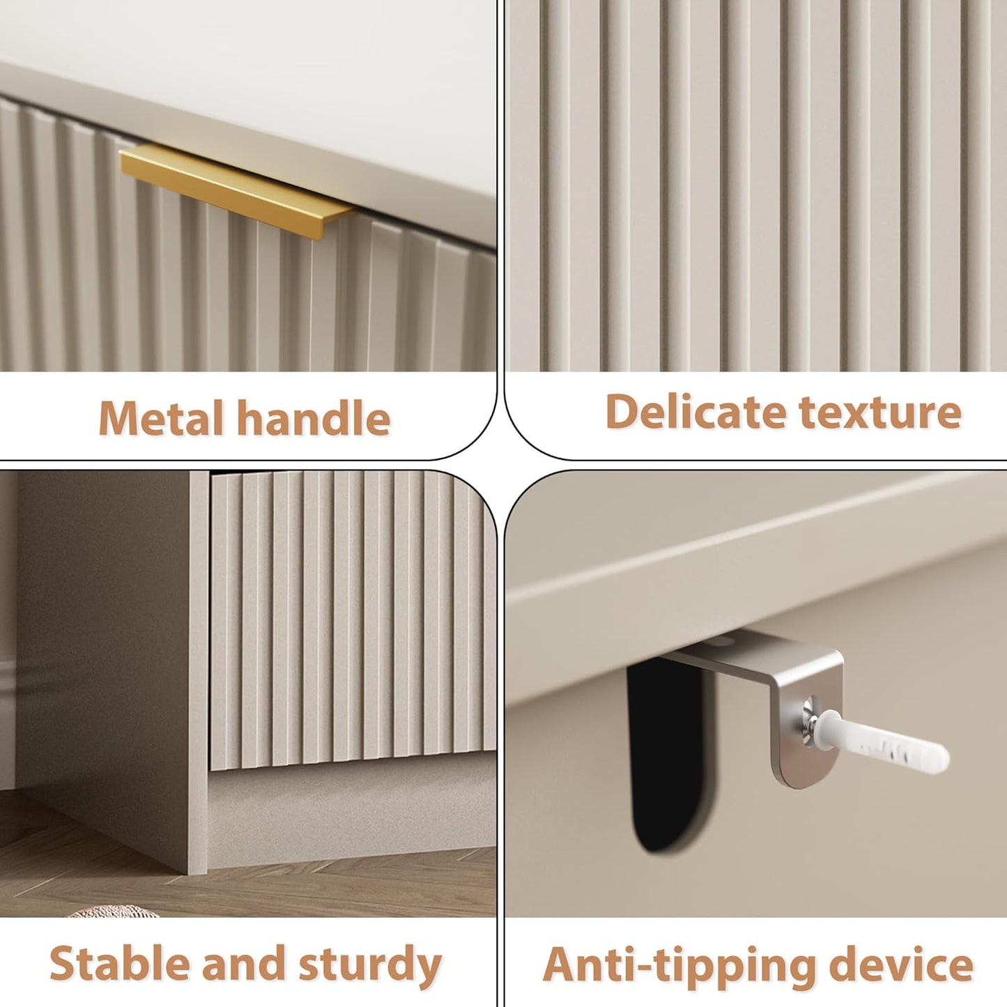 Fluted Dresser for Bedroom, 32 Inch Wide Nightstand with Large Drawer, 3 Drawer End Table for Bedroom, Living Rooms, Offices, and Entryways, Beige